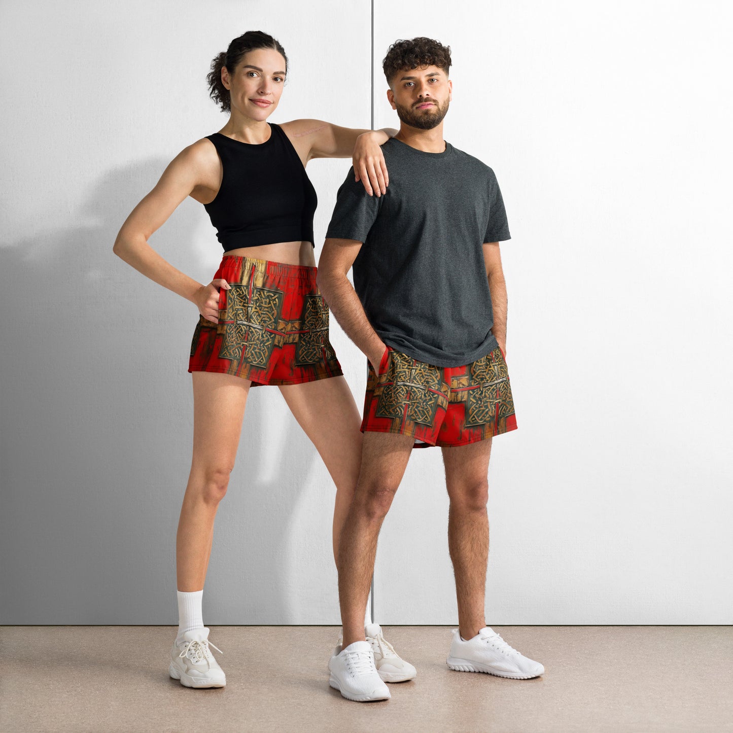 Gold Cross on Red - Unisex Athletic Shorts