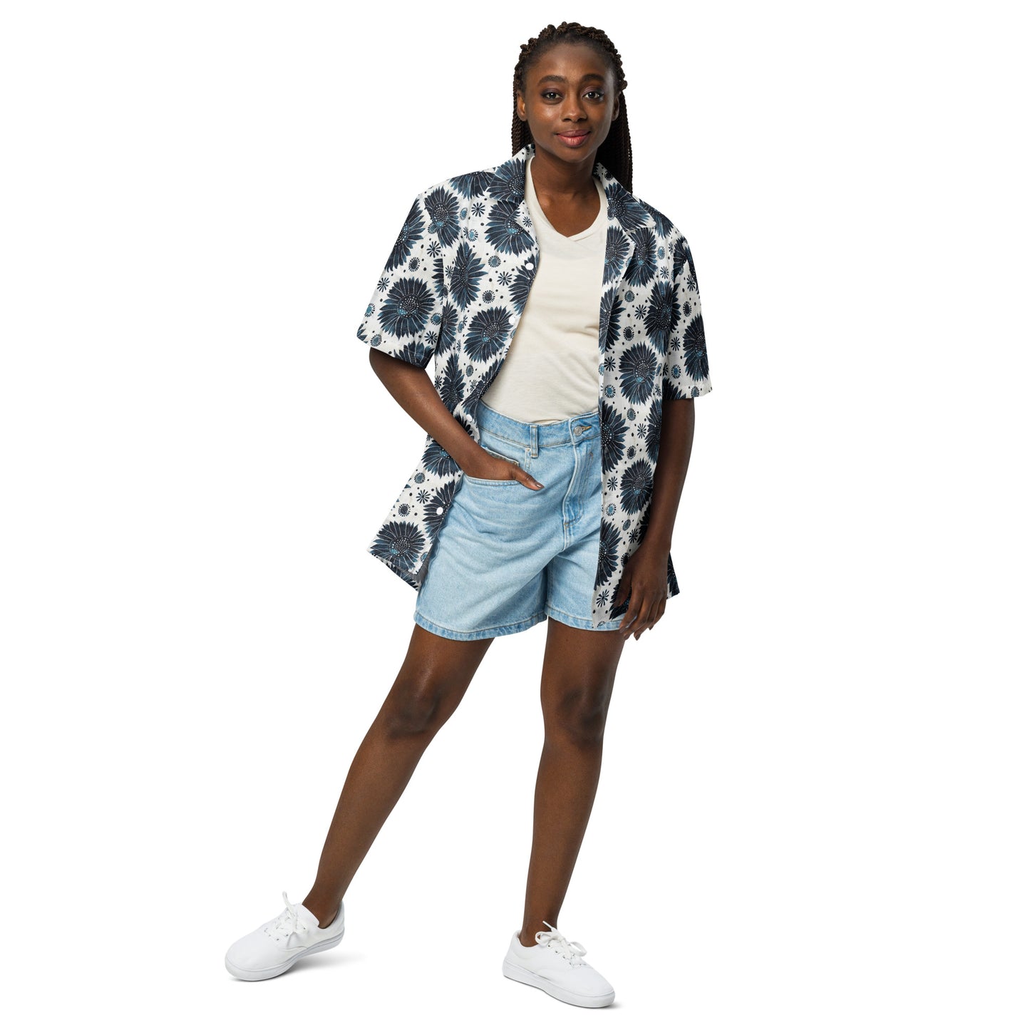 Aqua Flowers on White - Unisex button shirt