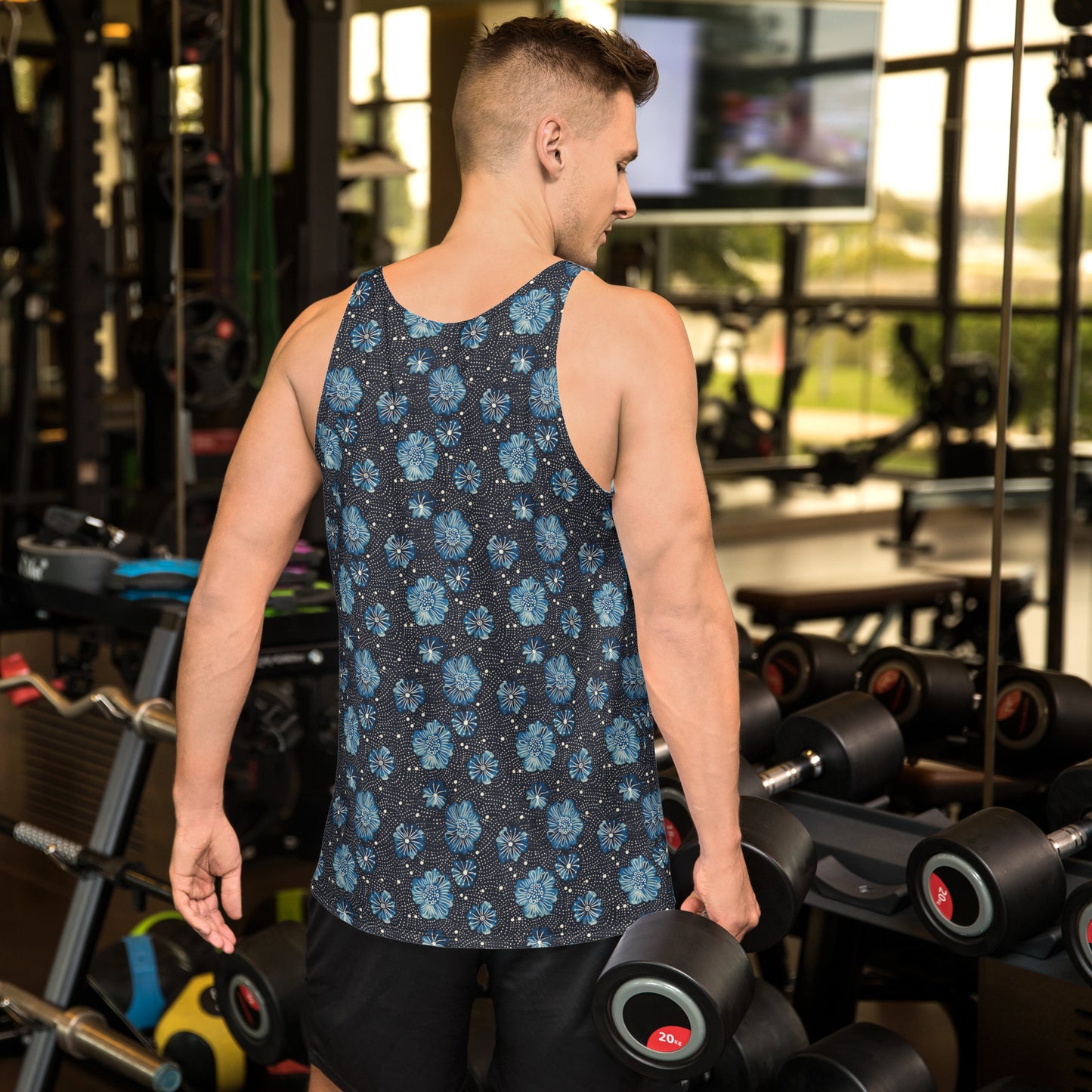 Aqua Flowers and White Dots - Unisex Tank Top