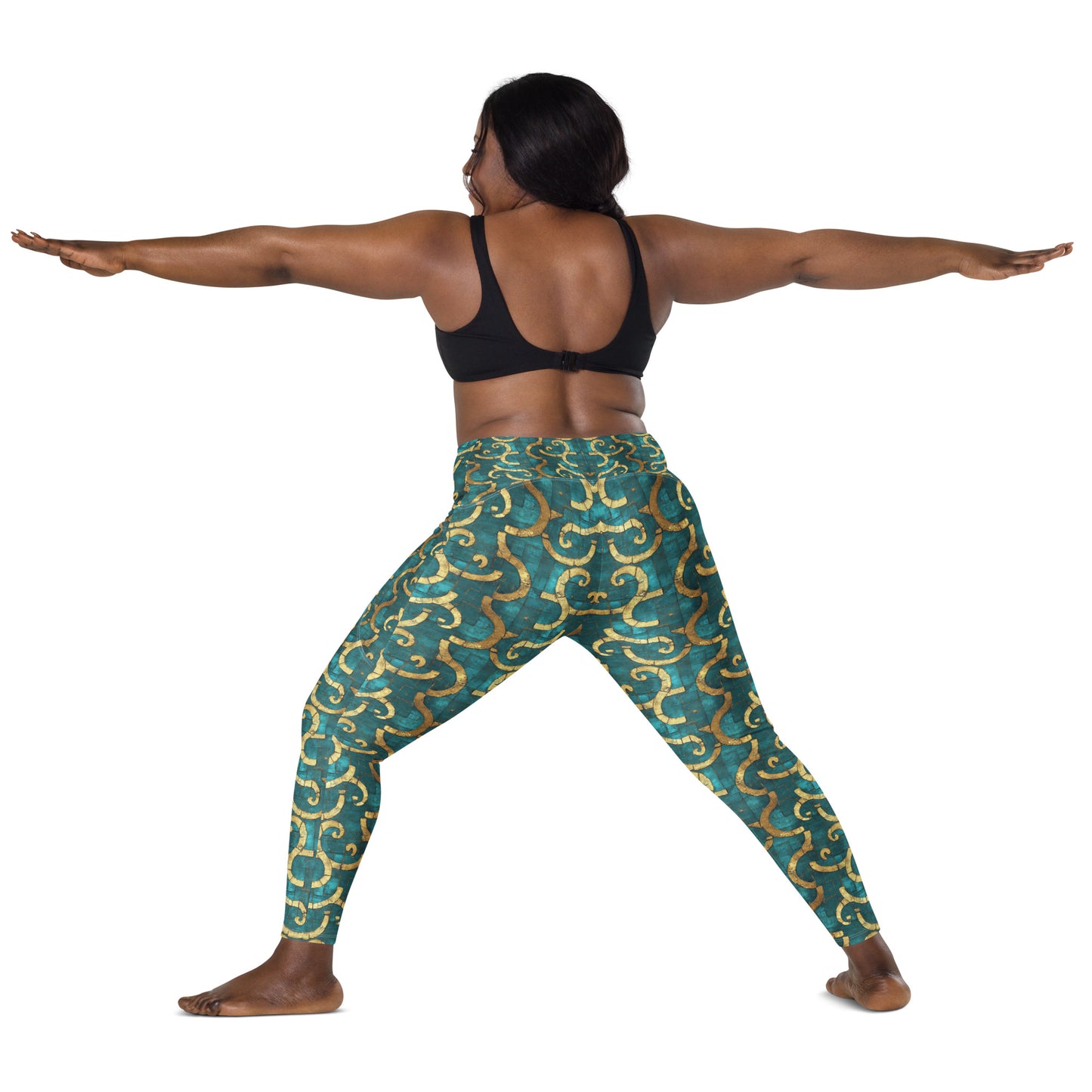 Grecian Turquoise and Gold - Crossover leggings with pockets