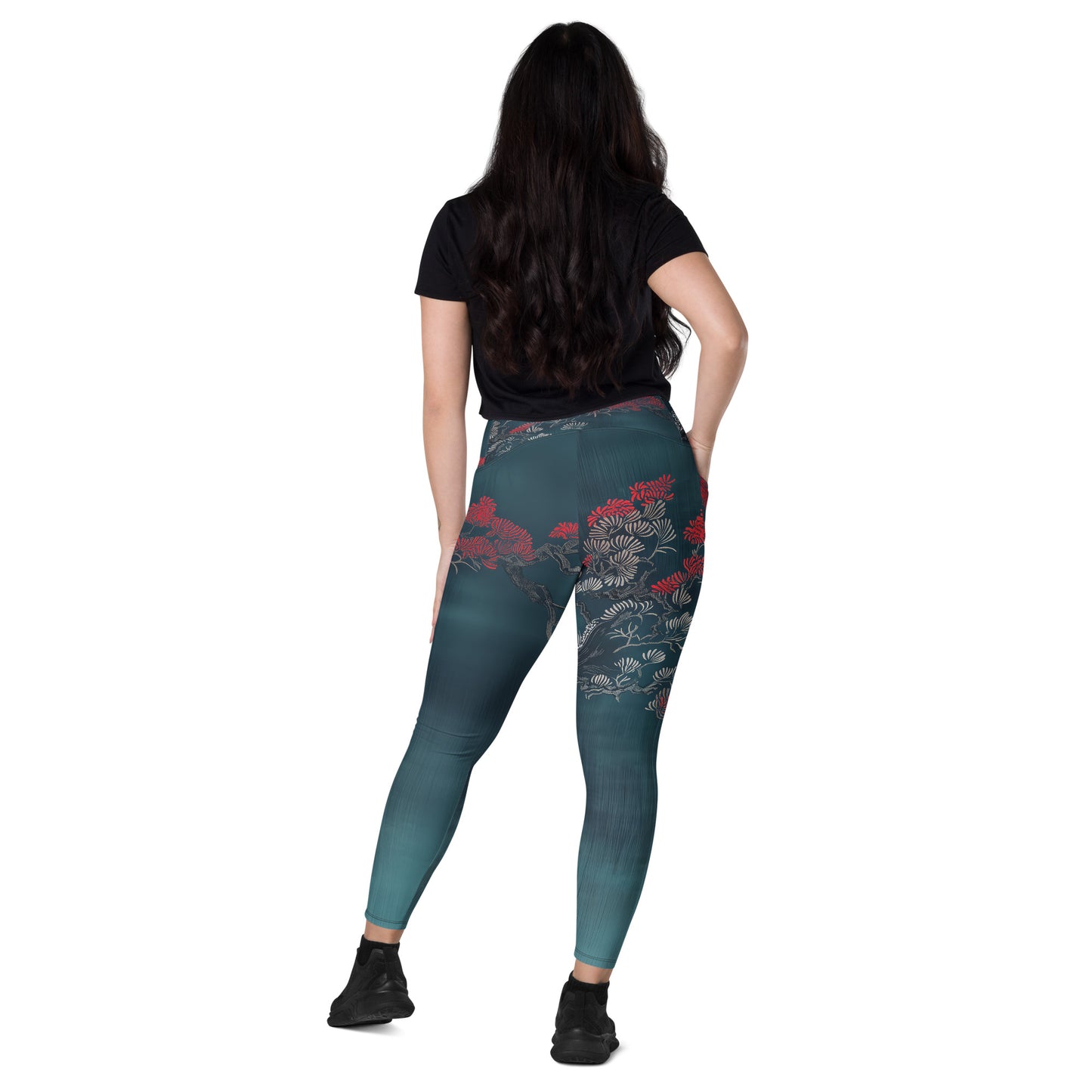 Sashiko Red Petals - Crossover leggings with pockets