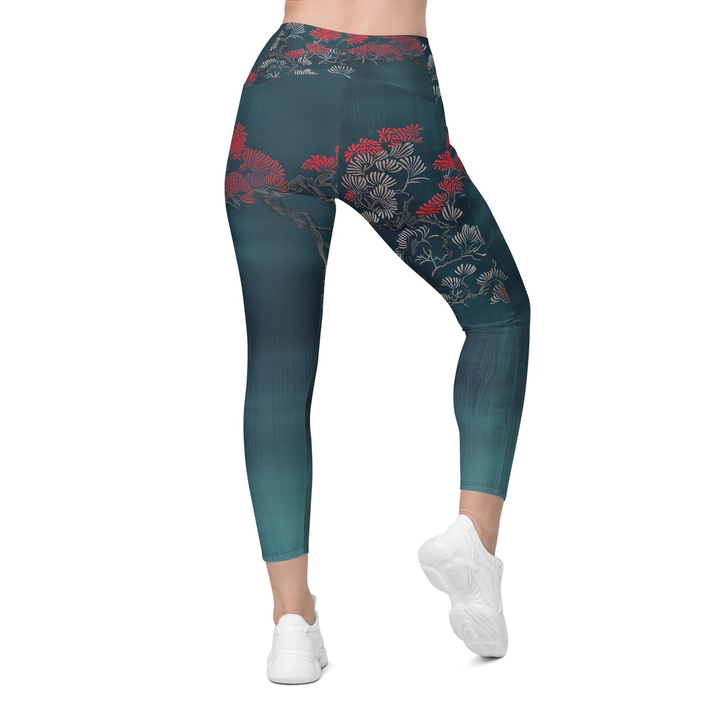 Sashiko Red Petals - Crossover leggings with pockets