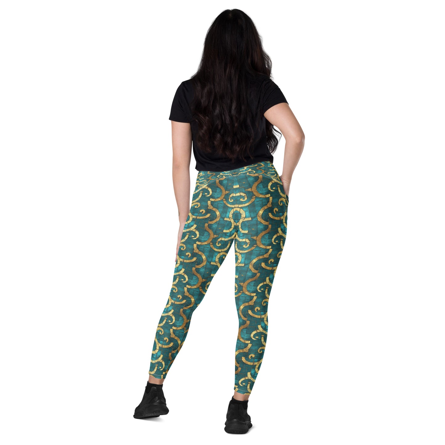 Grecian Turquoise and Gold - Crossover leggings with pockets