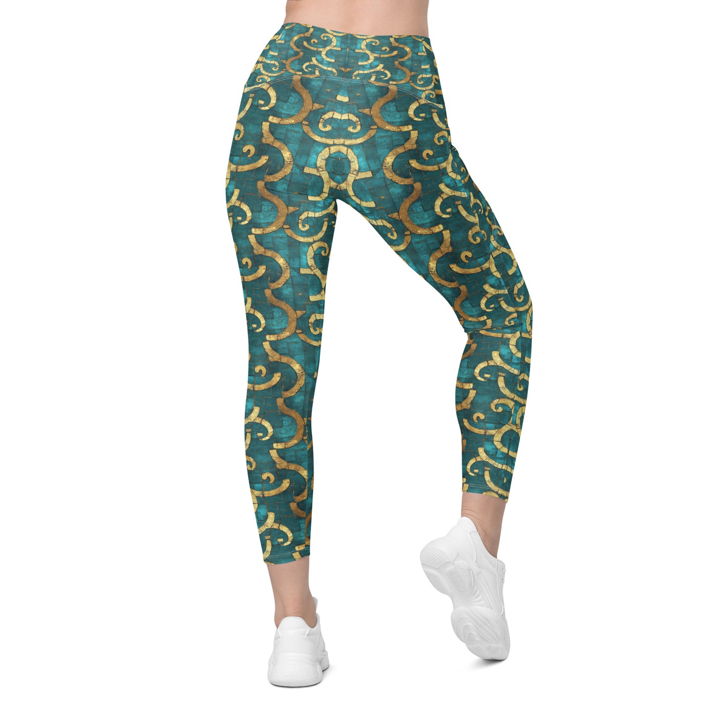 Grecian Turquoise and Gold - Crossover leggings with pockets