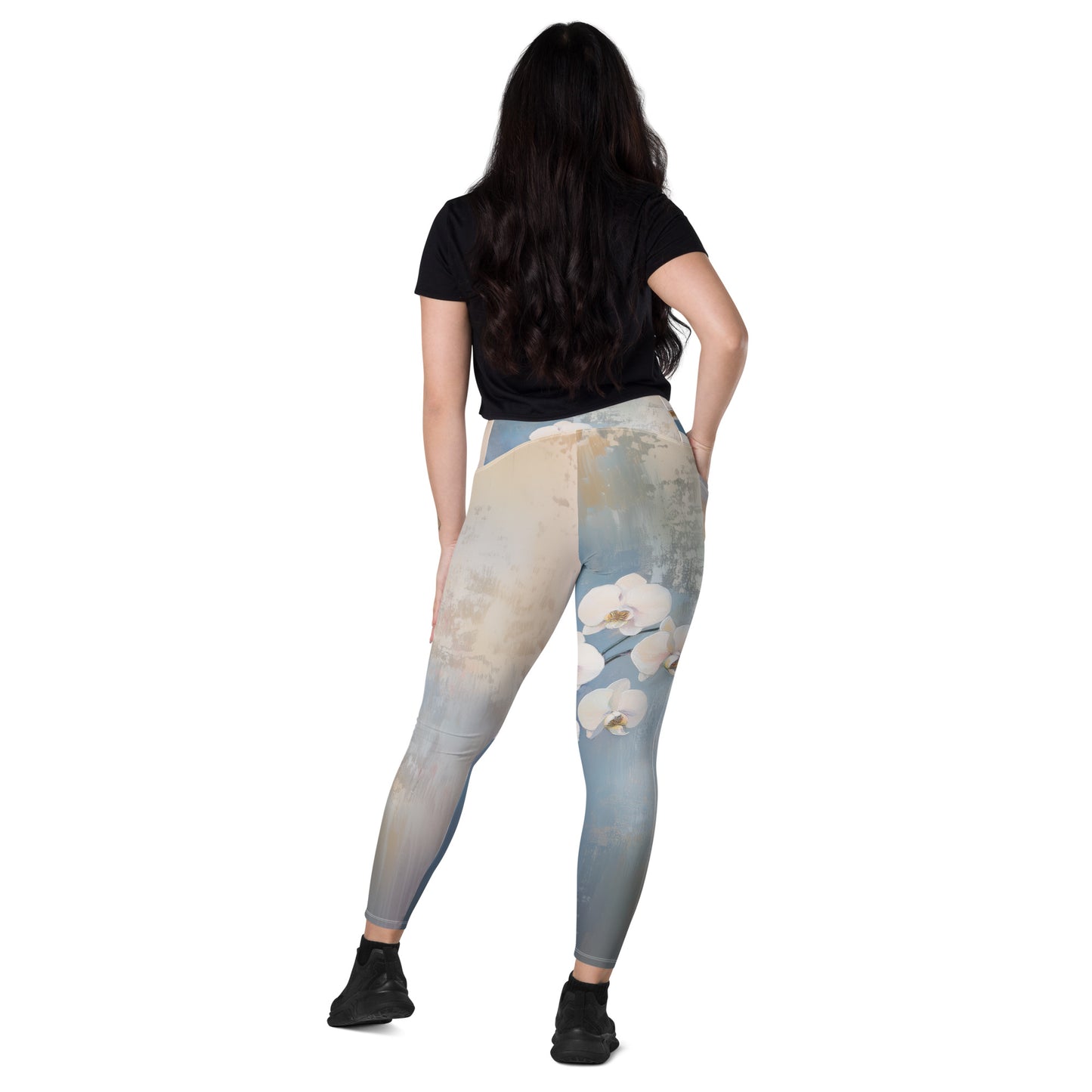 Impressionist White Orchids - Crossover leggings with pockets