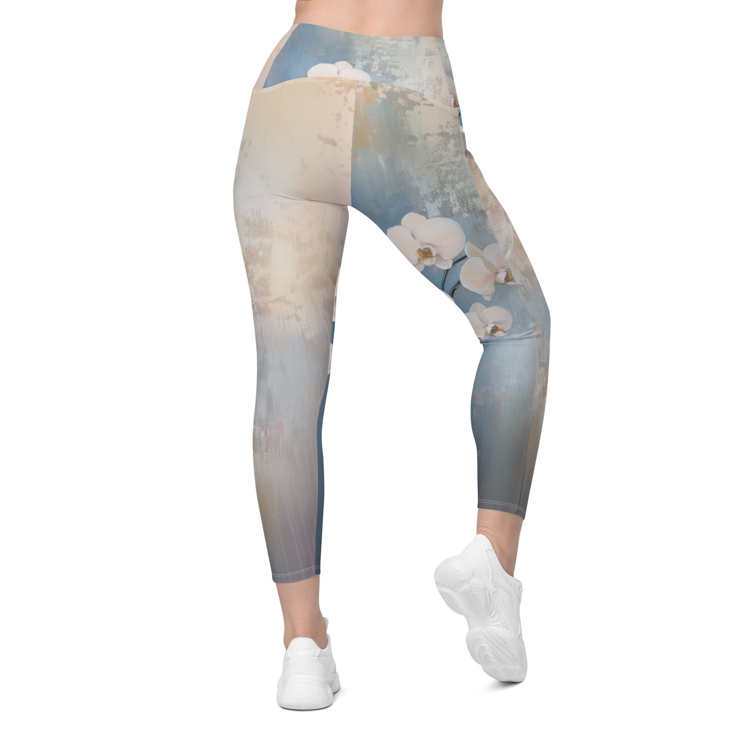 Impressionist White Orchids - Crossover leggings with pockets