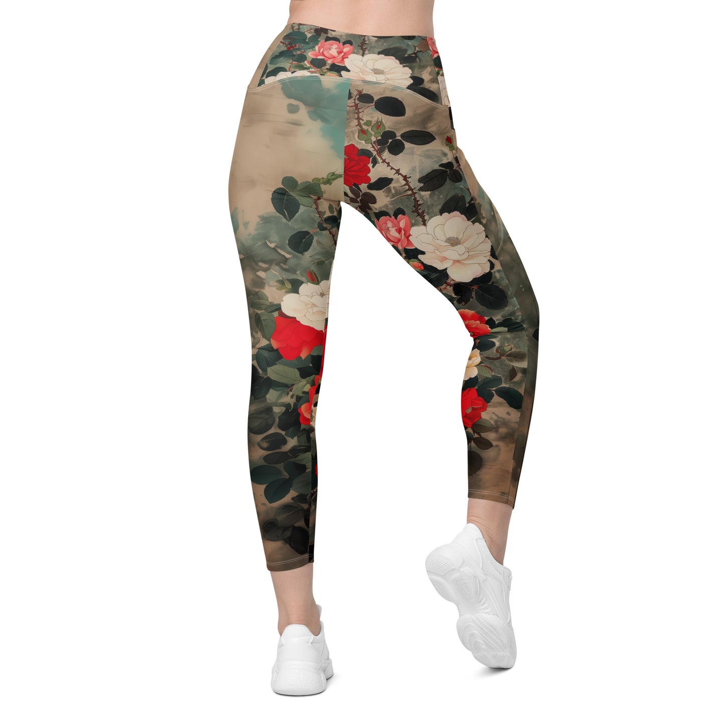 Red and White Roses - Crossover leggings with pockets