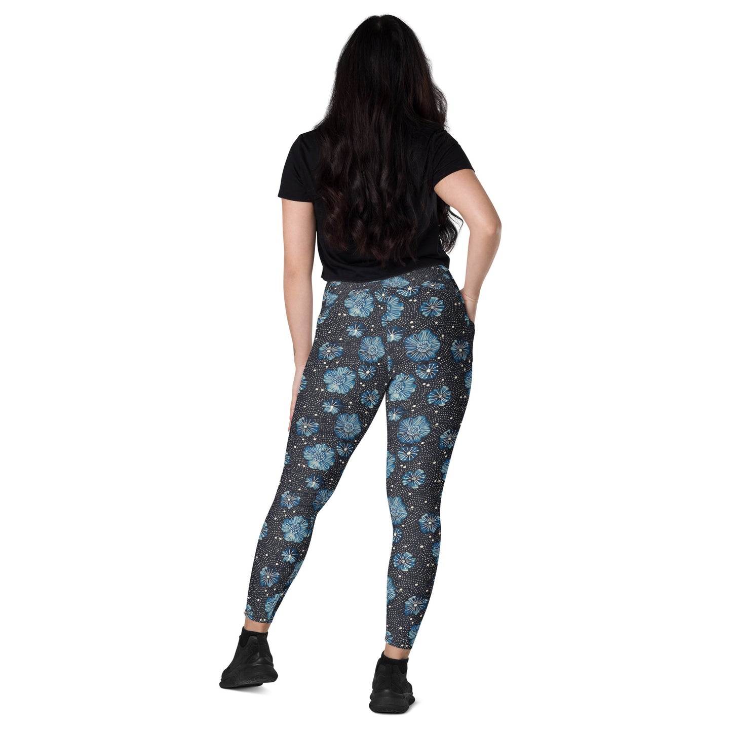 Aqua Florettes on Navy - Crossover leggings with pockets