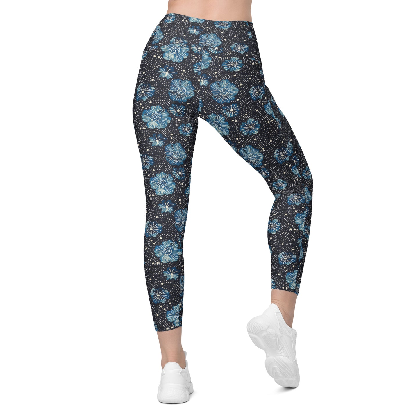 Aqua Florettes on Navy - Crossover leggings with pockets