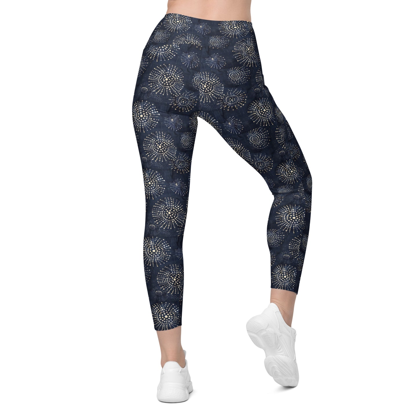 White Florettes on Navy - Crossover leggings with pockets