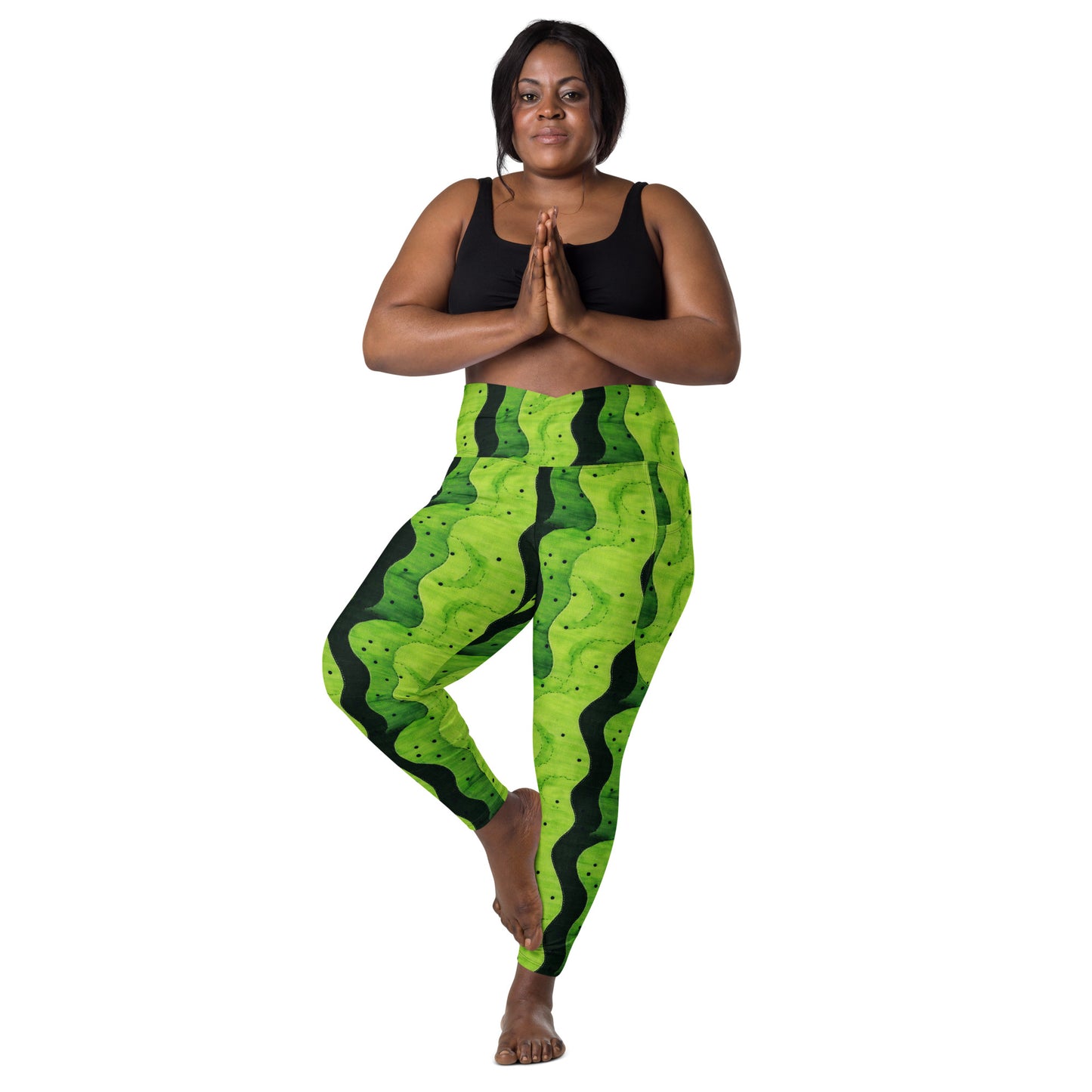 Lime Sashiko - Crossover leggings with pockets