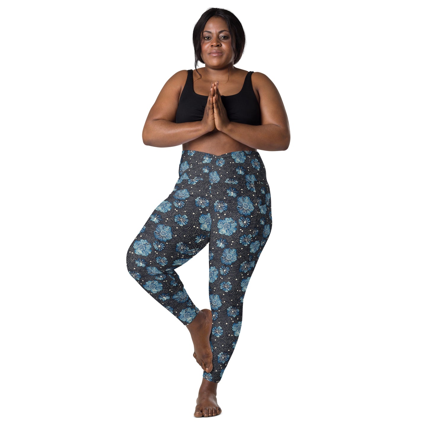 Aqua Florettes on Navy - Crossover leggings with pockets