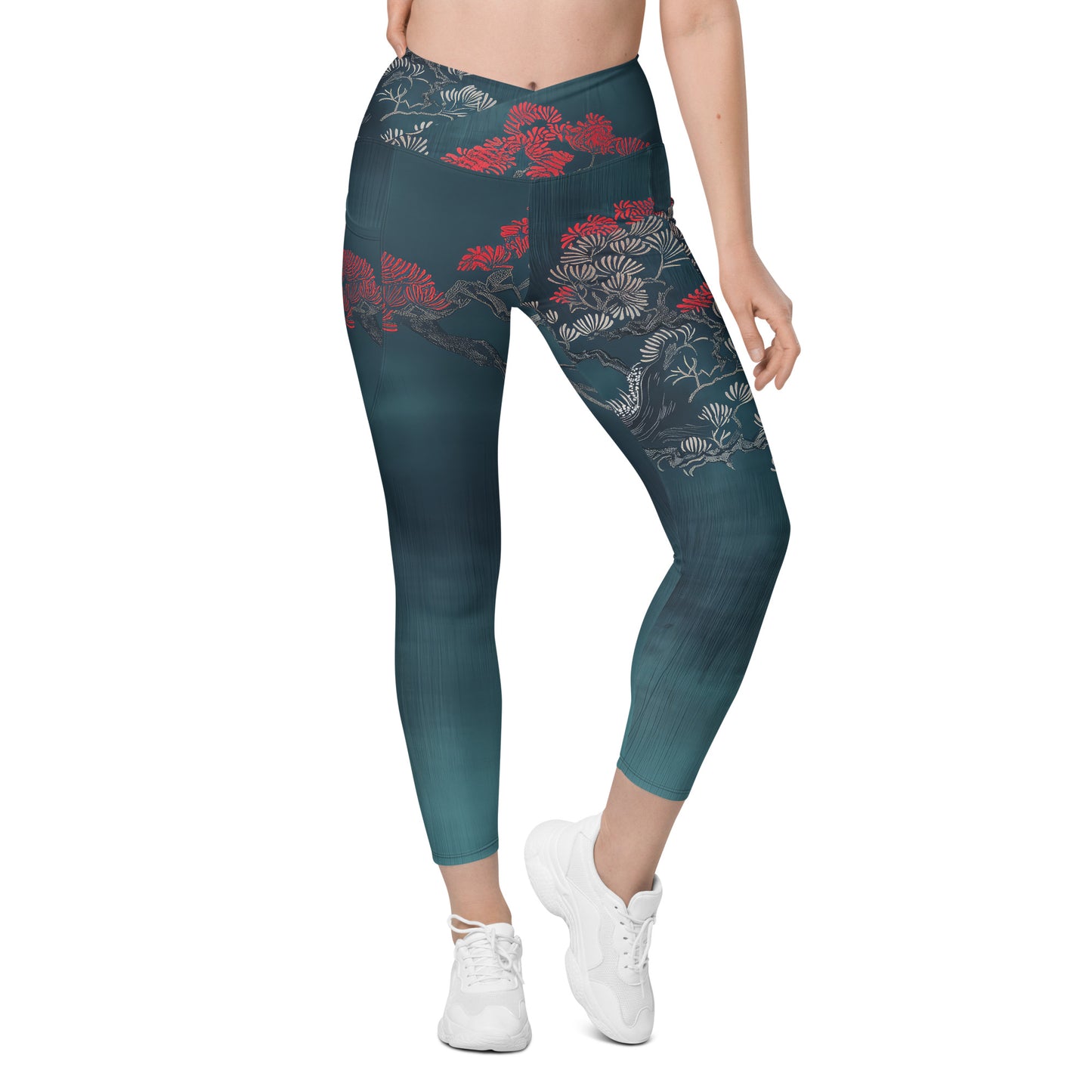 Sashiko Red Petals - Crossover leggings with pockets