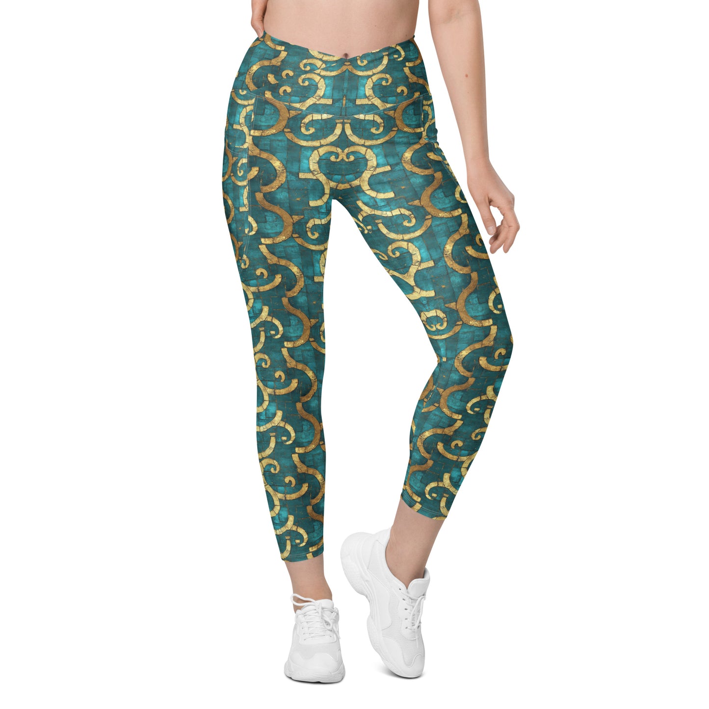 Grecian Turquoise and Gold - Crossover leggings with pockets