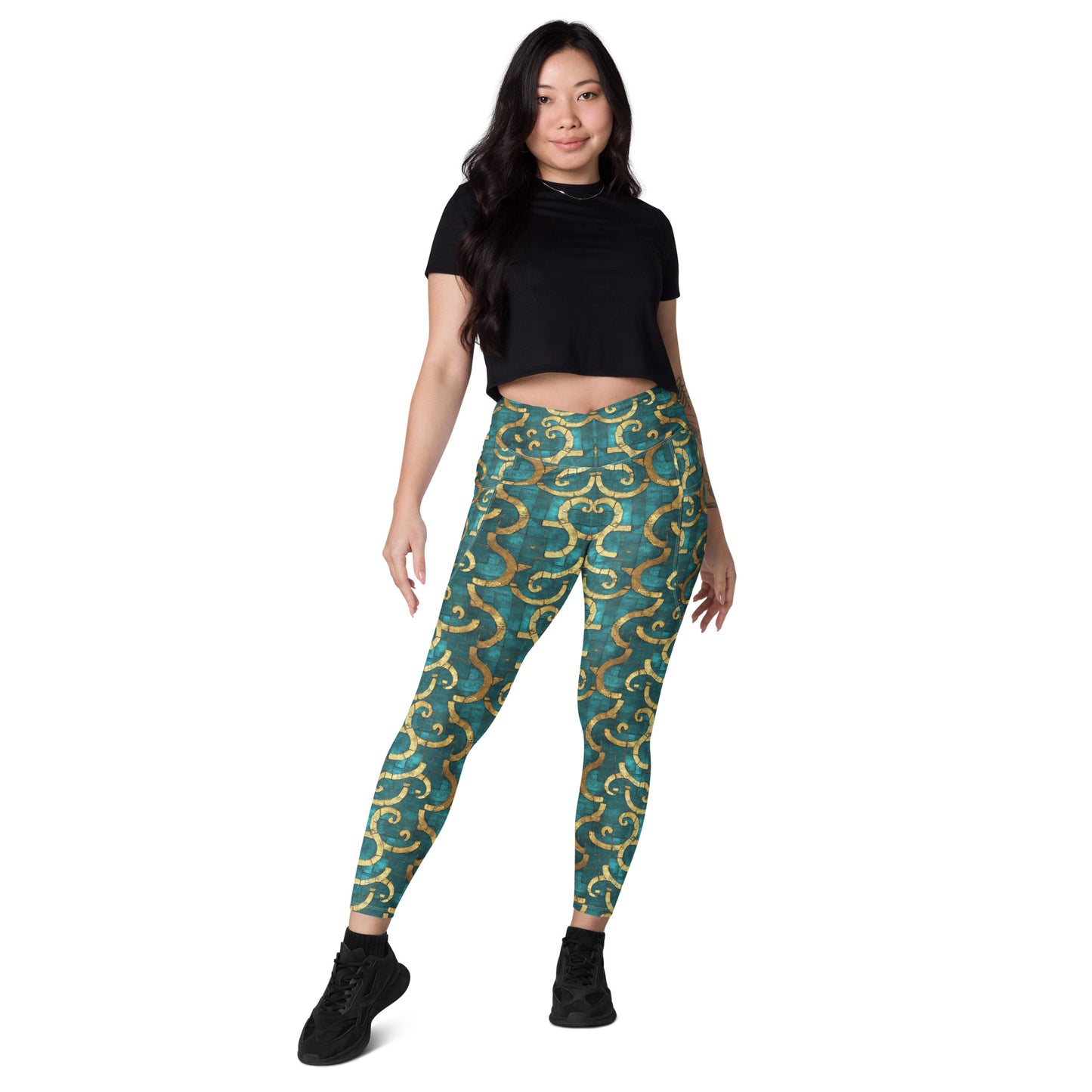 Grecian Turquoise and Gold - Crossover leggings with pockets