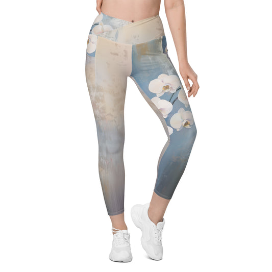 Impressionist White Orchids - Crossover leggings with pockets