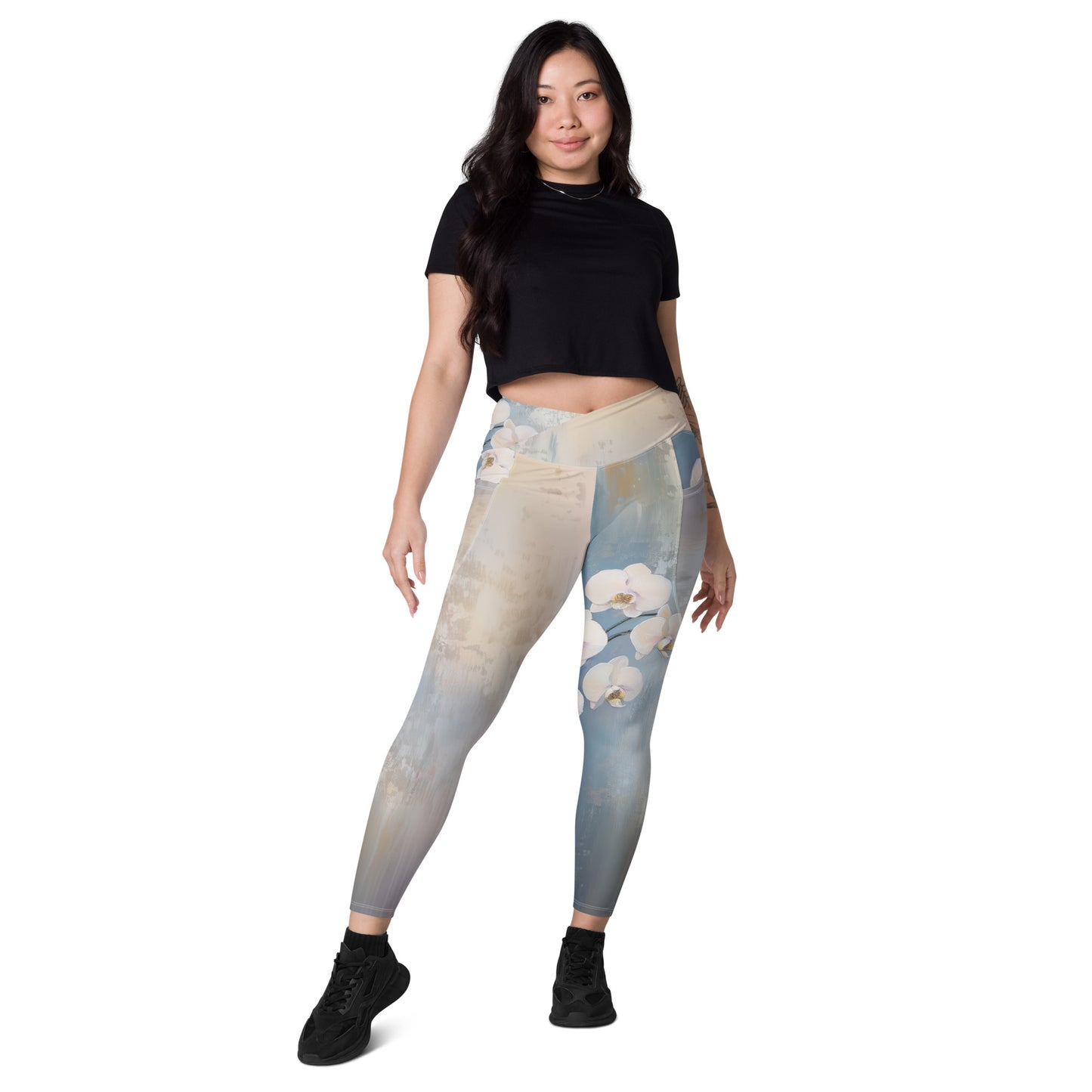 Impressionist White Orchids - Crossover leggings with pockets