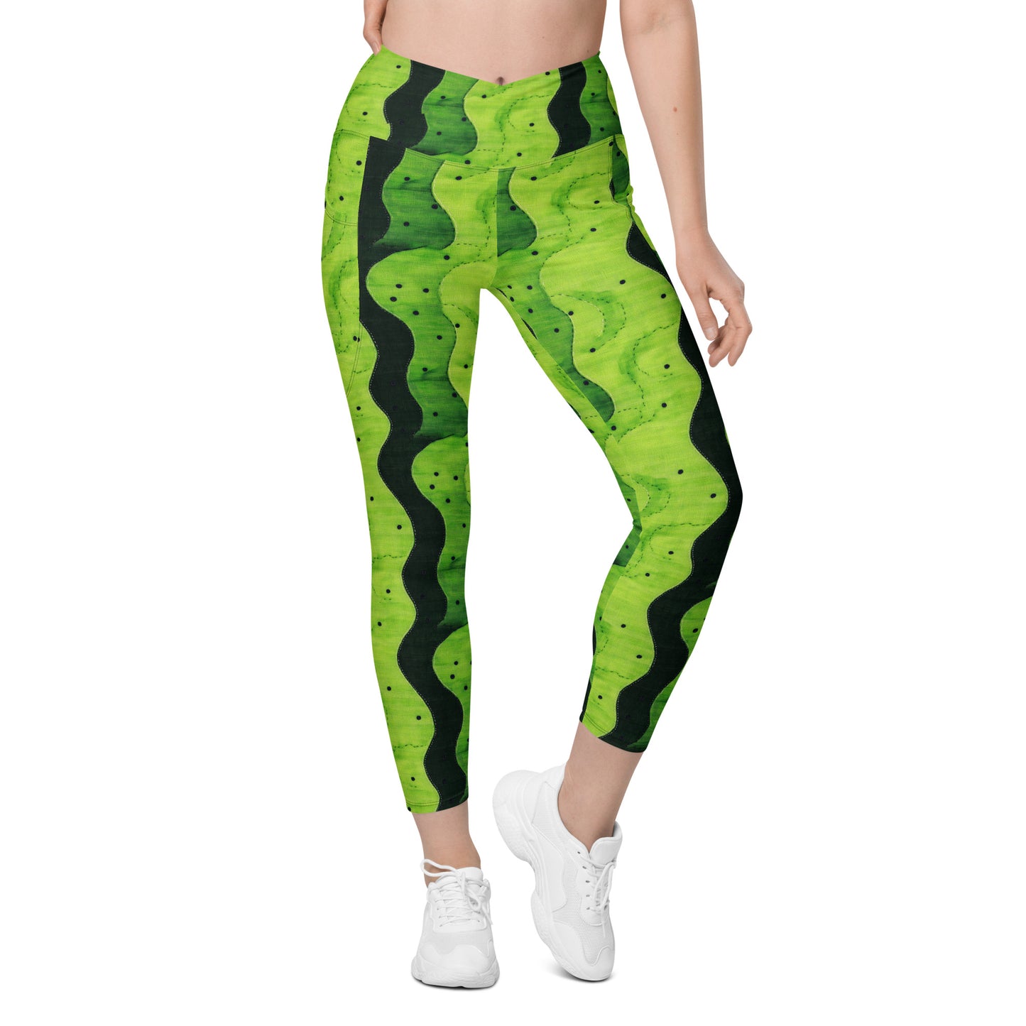 Lime Sashiko - Crossover leggings with pockets