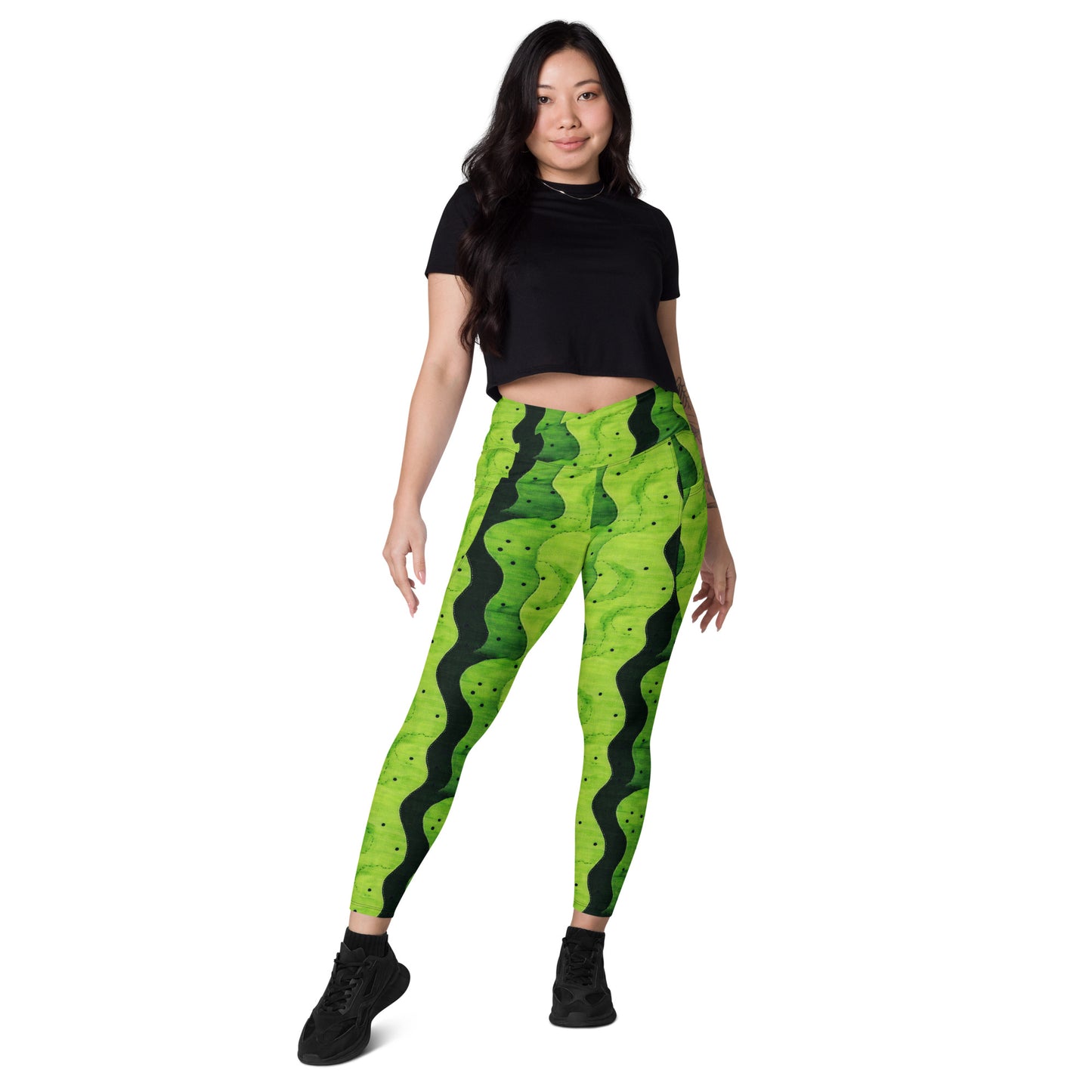 Lime Sashiko - Crossover leggings with pockets