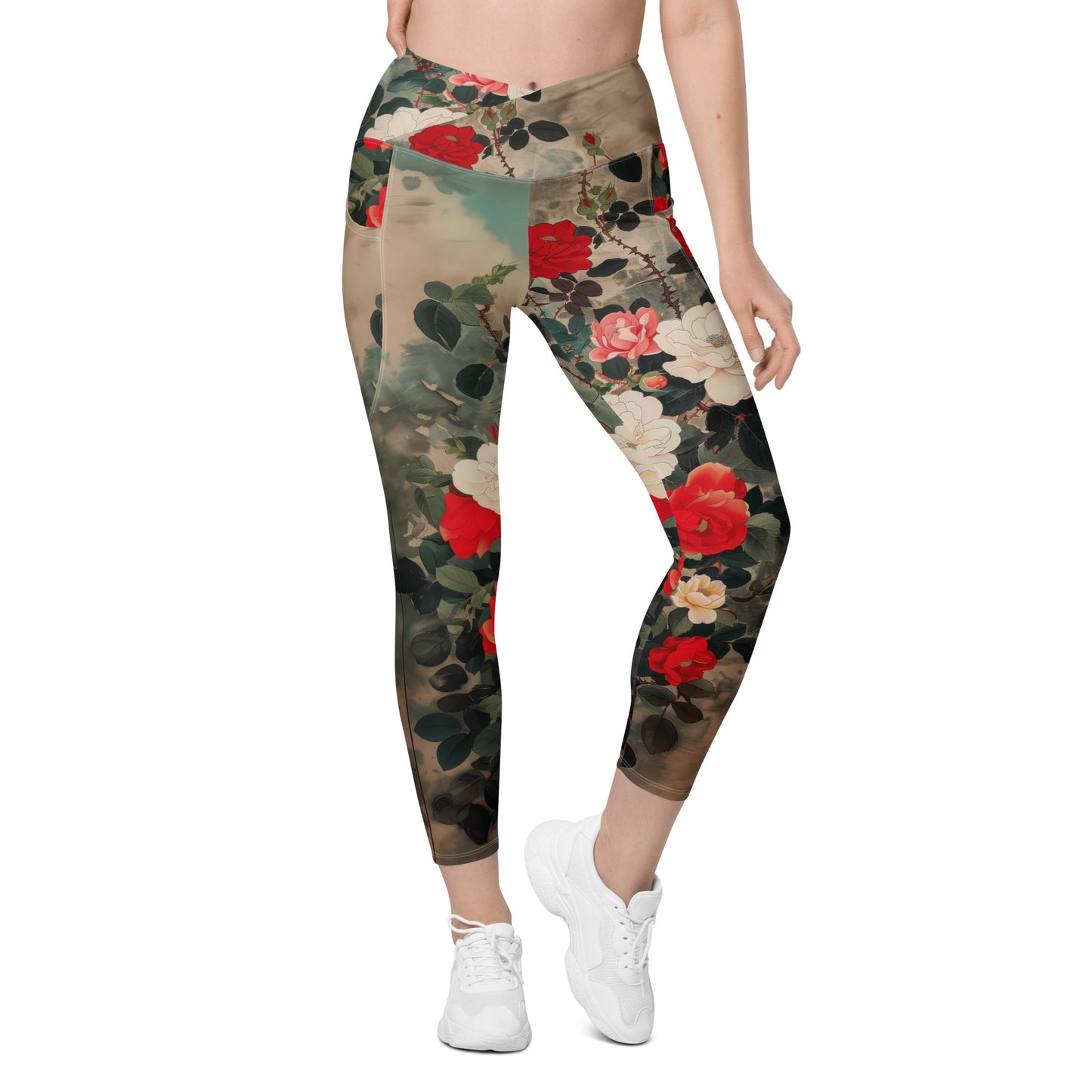 Red and White Roses - Crossover leggings with pockets