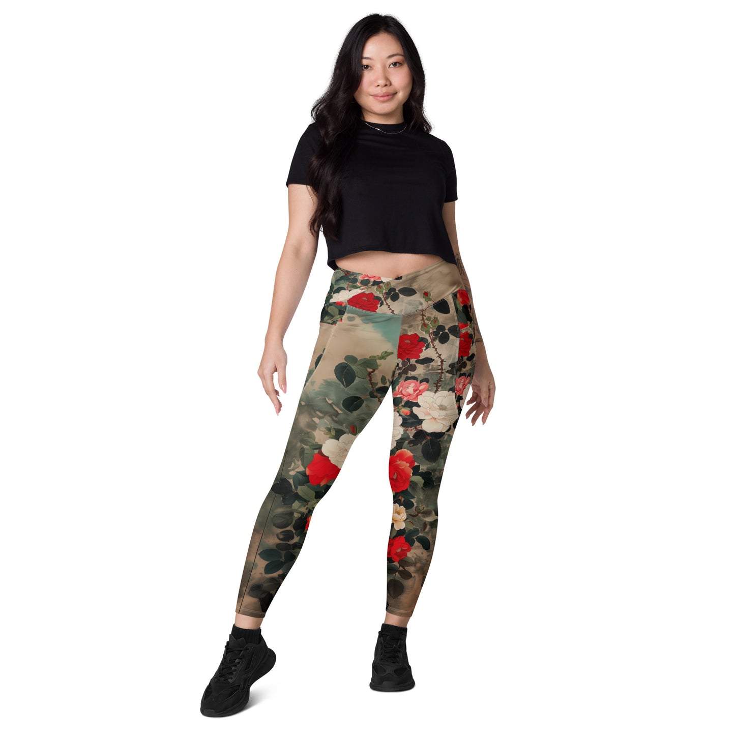 Red and White Roses - Crossover leggings with pockets