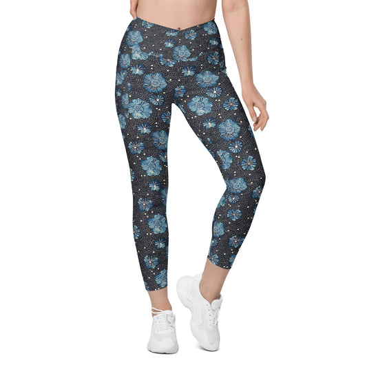 Aqua Florettes on Navy - Crossover leggings with pockets