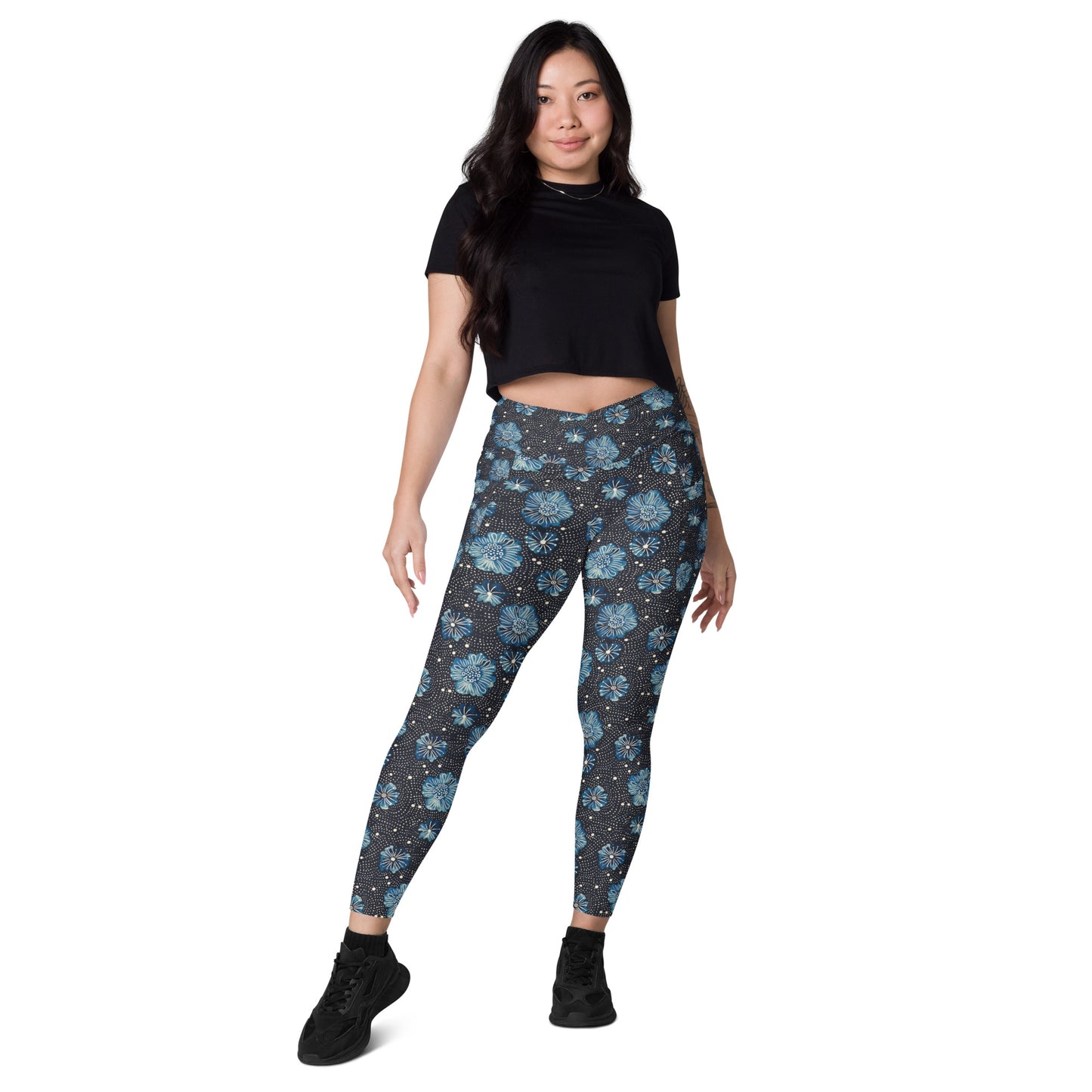 Aqua Florettes on Navy - Crossover leggings with pockets