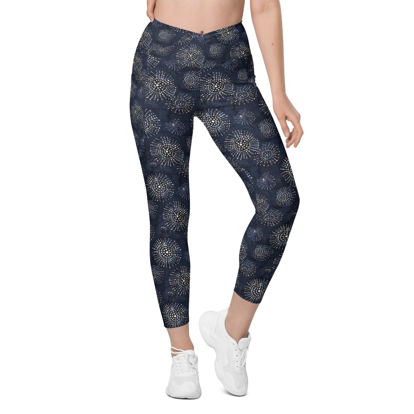 White Florettes on Navy - Crossover leggings with pockets