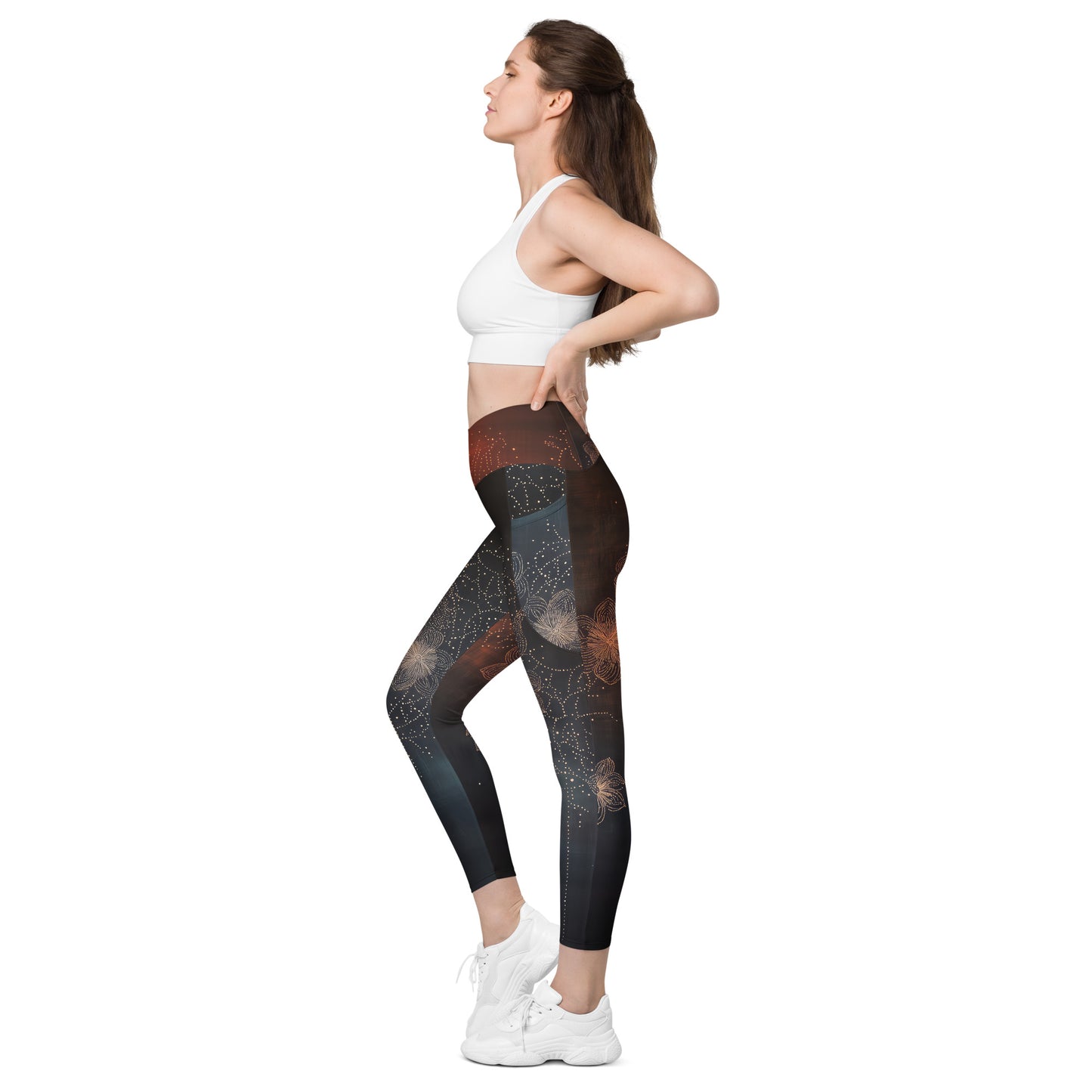 Pétalos sobre negro - Crossover leggings with pockets