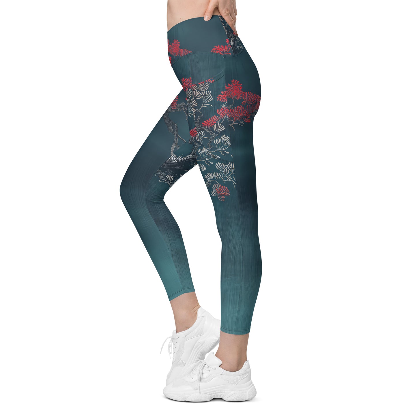 Sashiko Red Petals - Crossover leggings with pockets