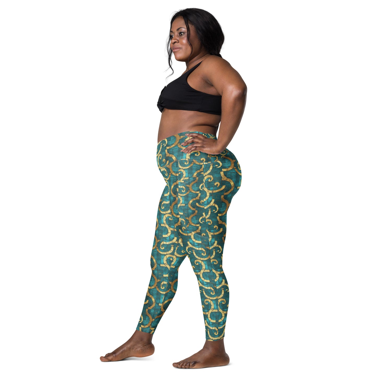 Grecian Turquoise and Gold - Crossover leggings with pockets