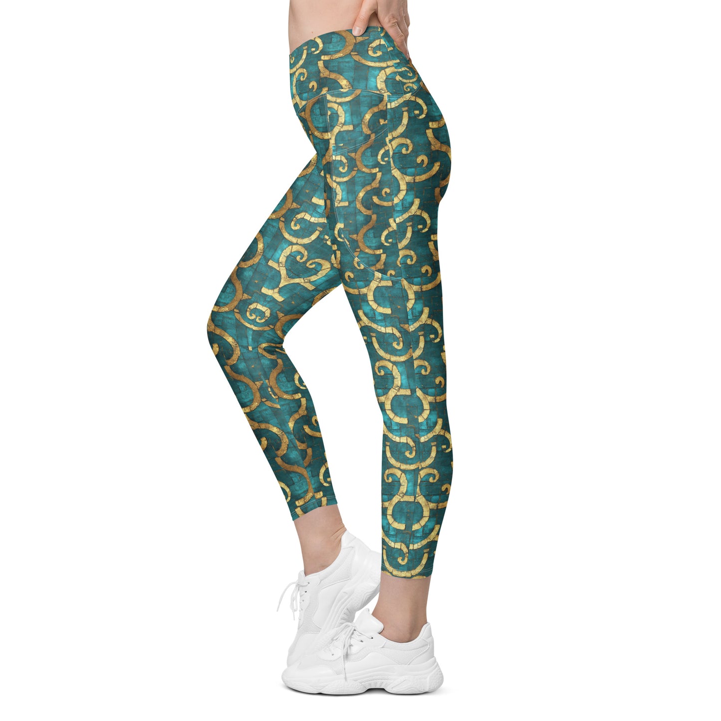 Grecian Turquoise and Gold - Crossover leggings with pockets