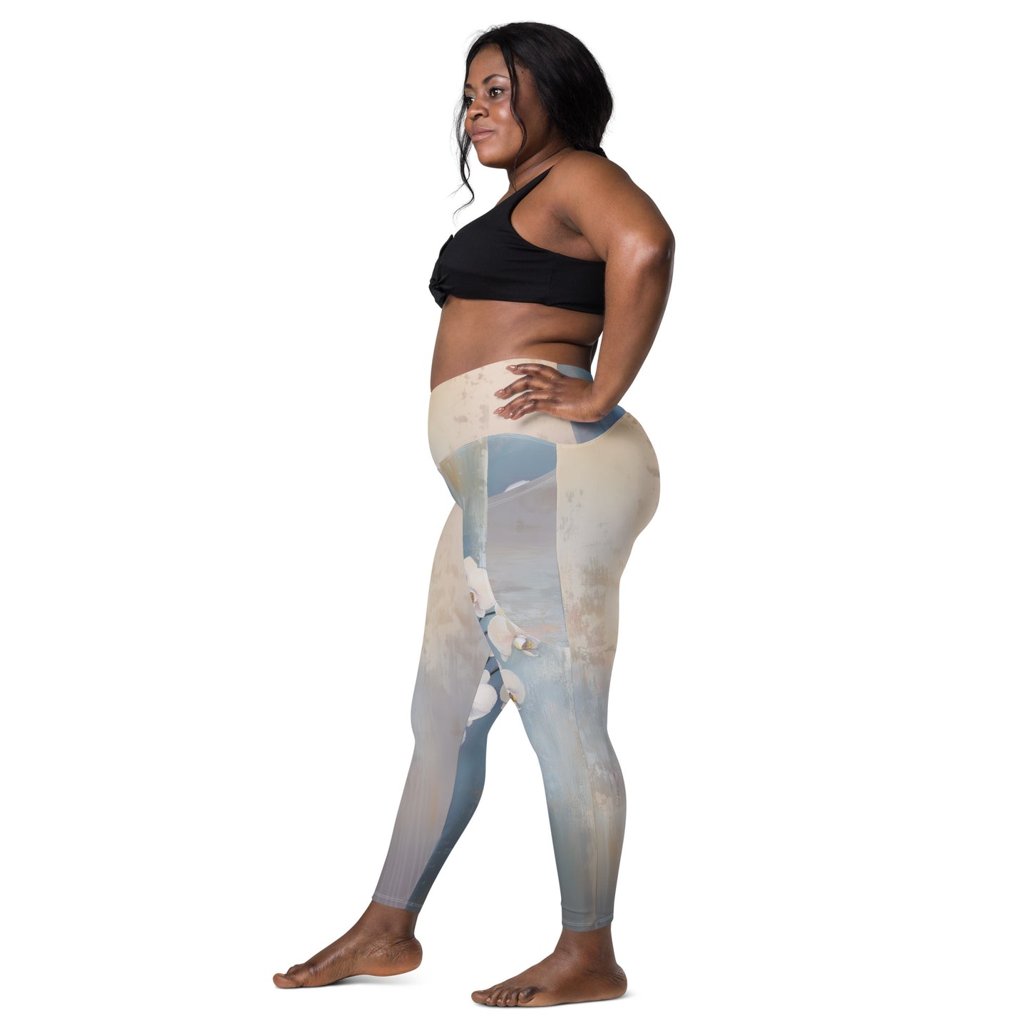 Impressionist White Orchids - Crossover leggings with pockets