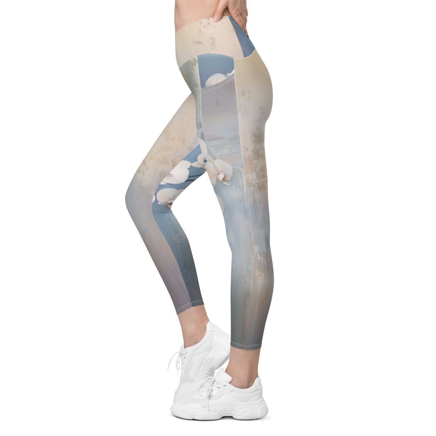 Impressionist White Orchids - Crossover leggings with pockets