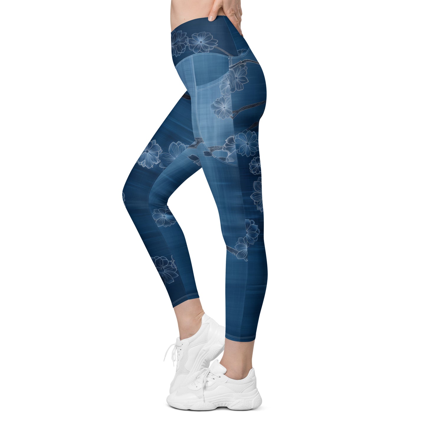 Sashiko White Lotus - Crossover leggings with pockets