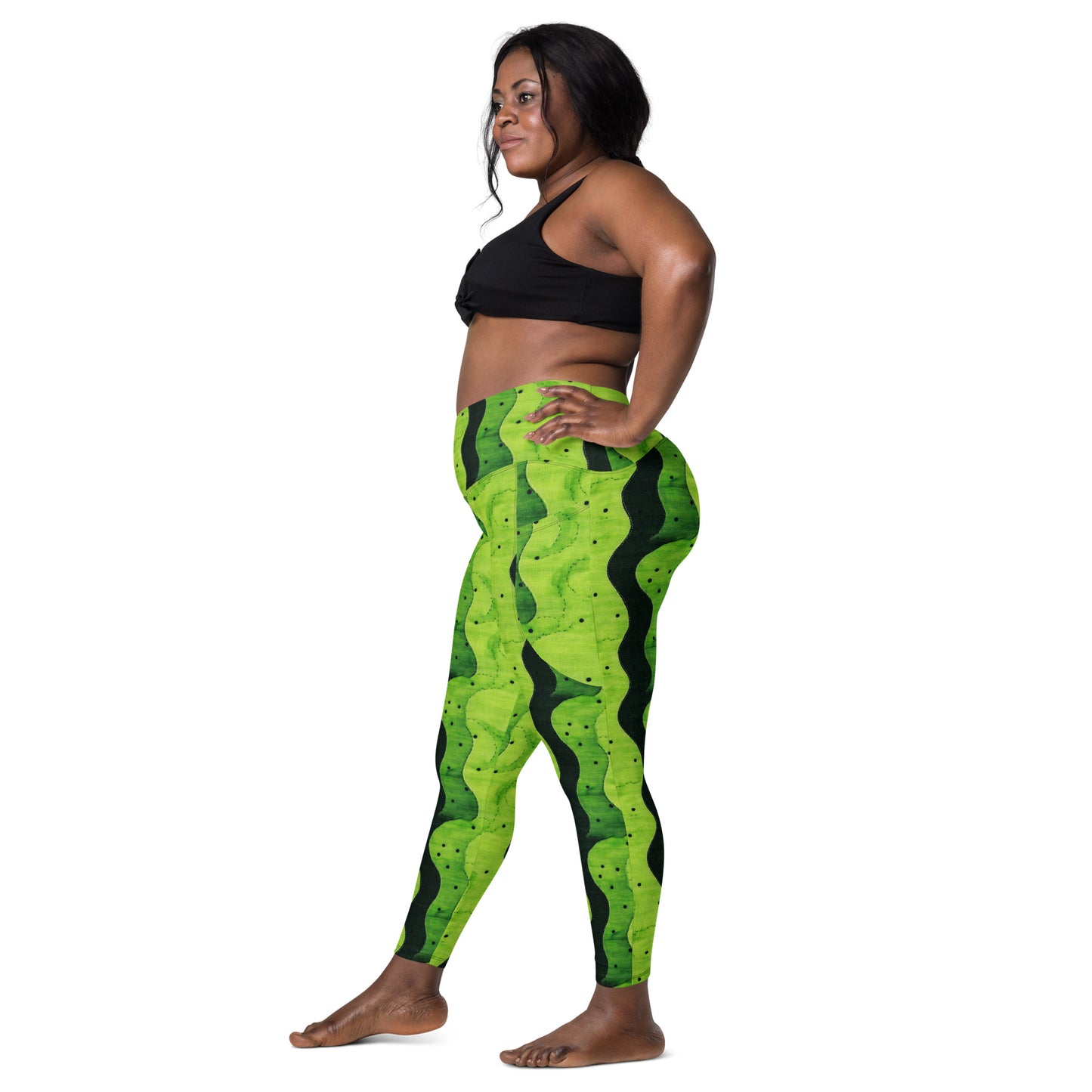 Lime Sashiko - Crossover leggings with pockets