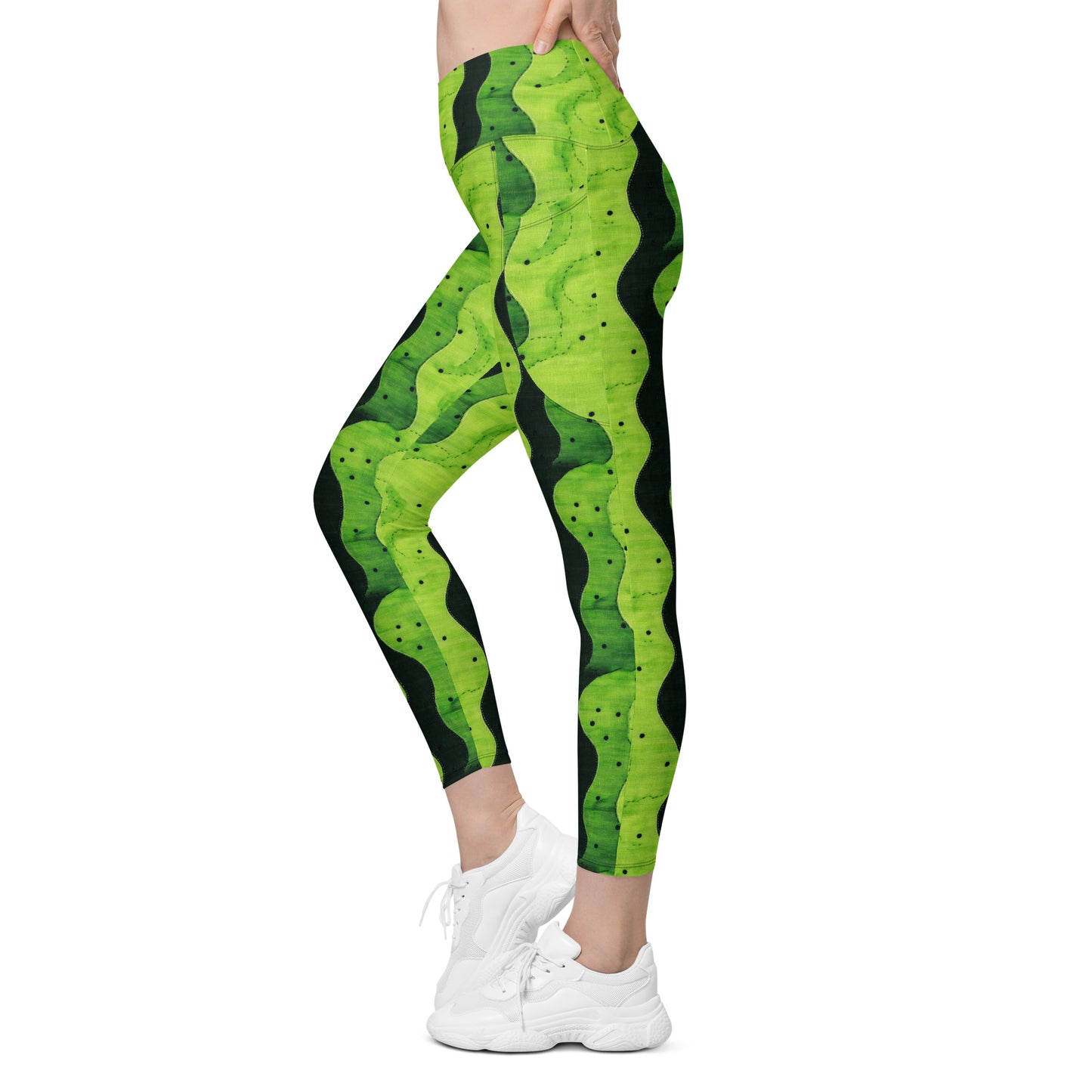 Lime Sashiko - Crossover leggings with pockets