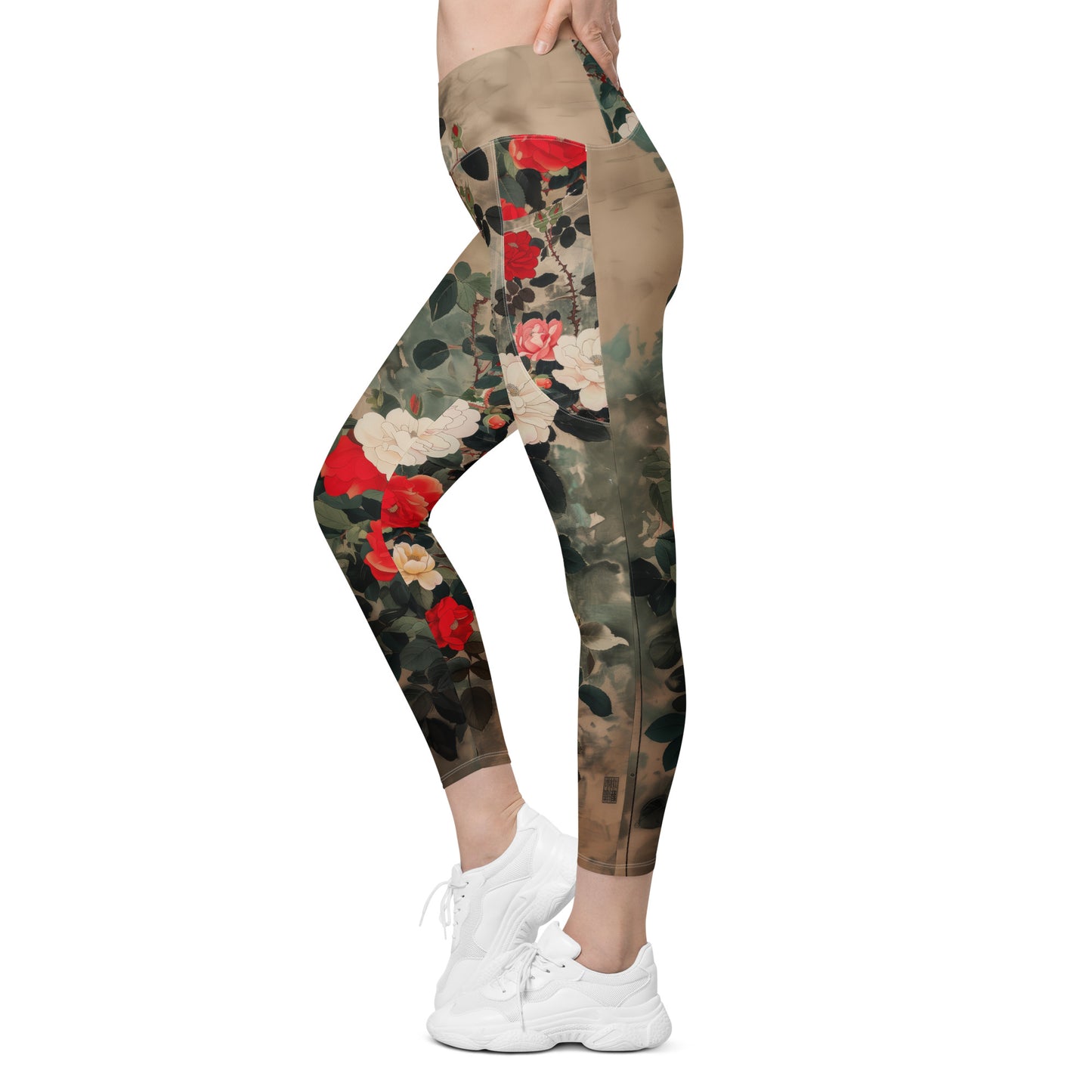 Red and White Roses - Crossover leggings with pockets