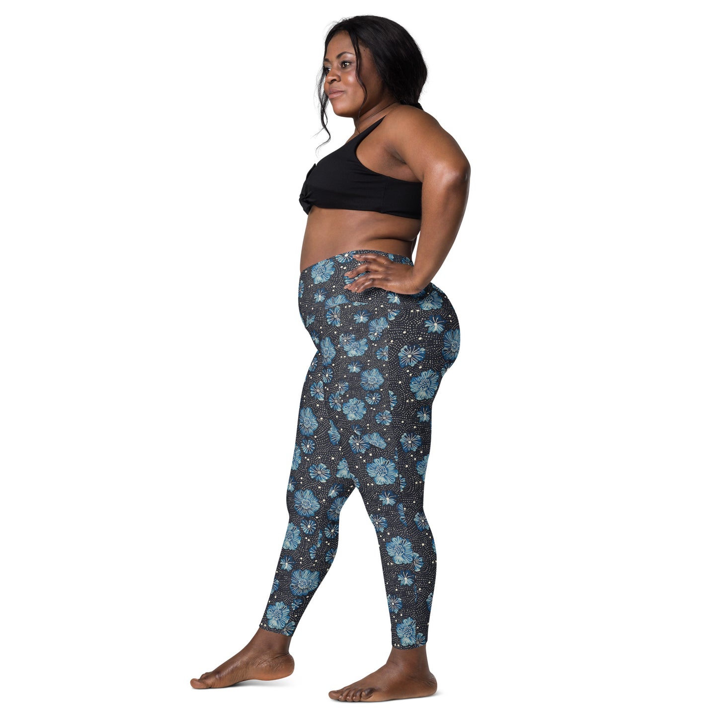 Aqua Florettes on Navy - Crossover leggings with pockets