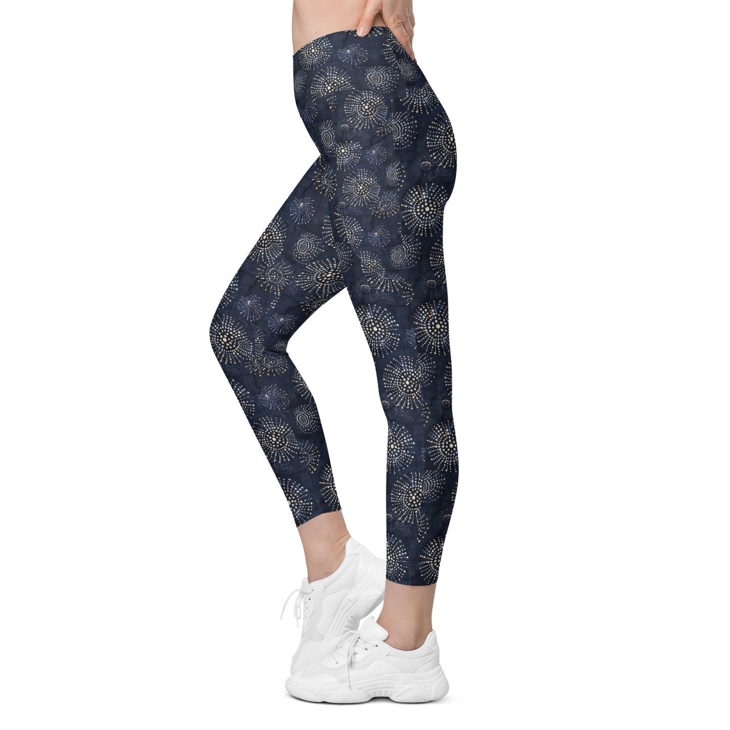 White Florettes on Navy - Crossover leggings with pockets