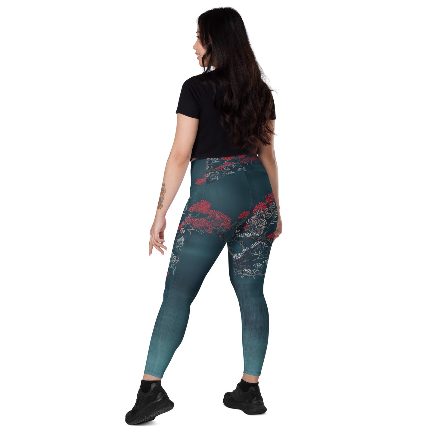 Sashiko Red Petals - Crossover leggings with pockets