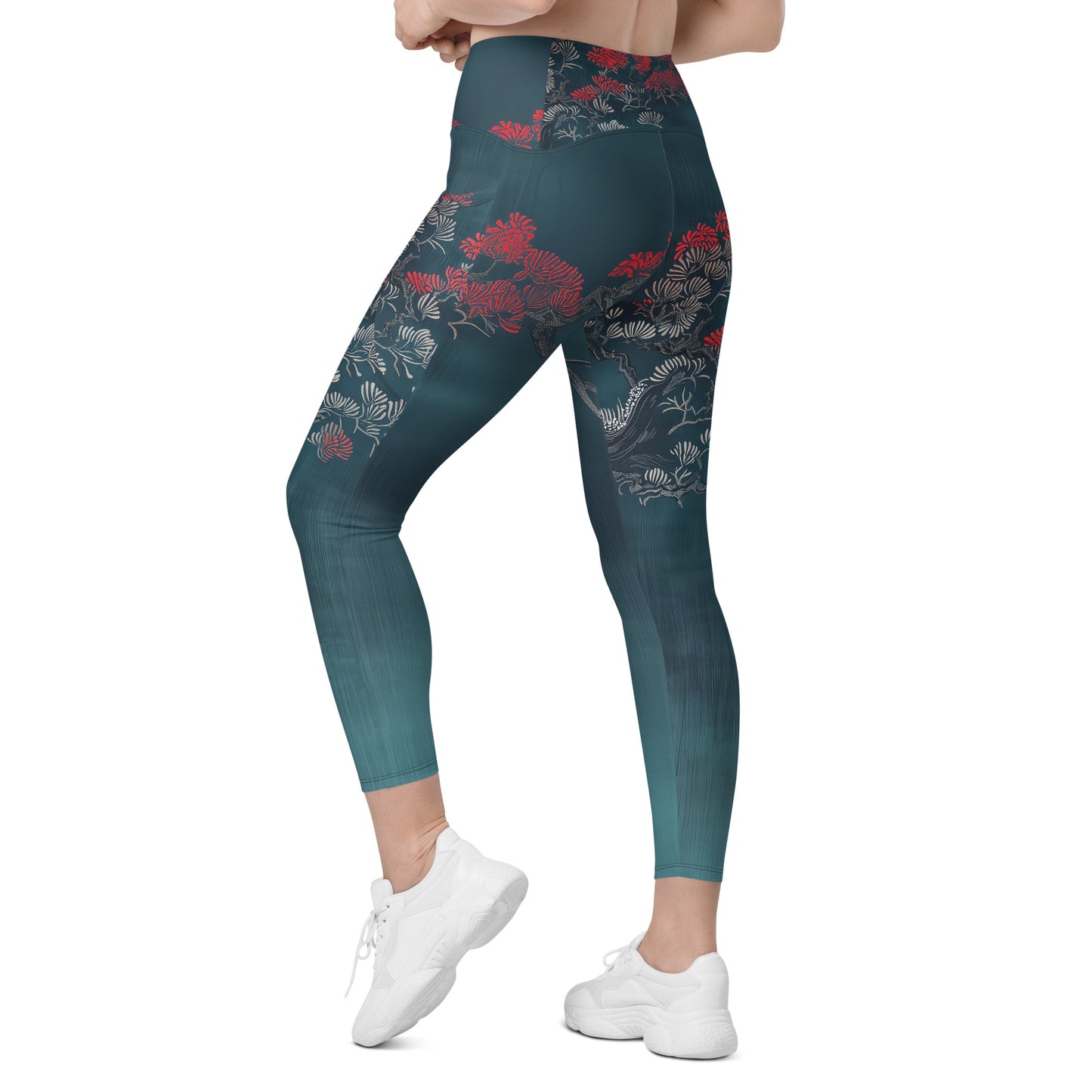 Sashiko Red Petals - Crossover leggings with pockets