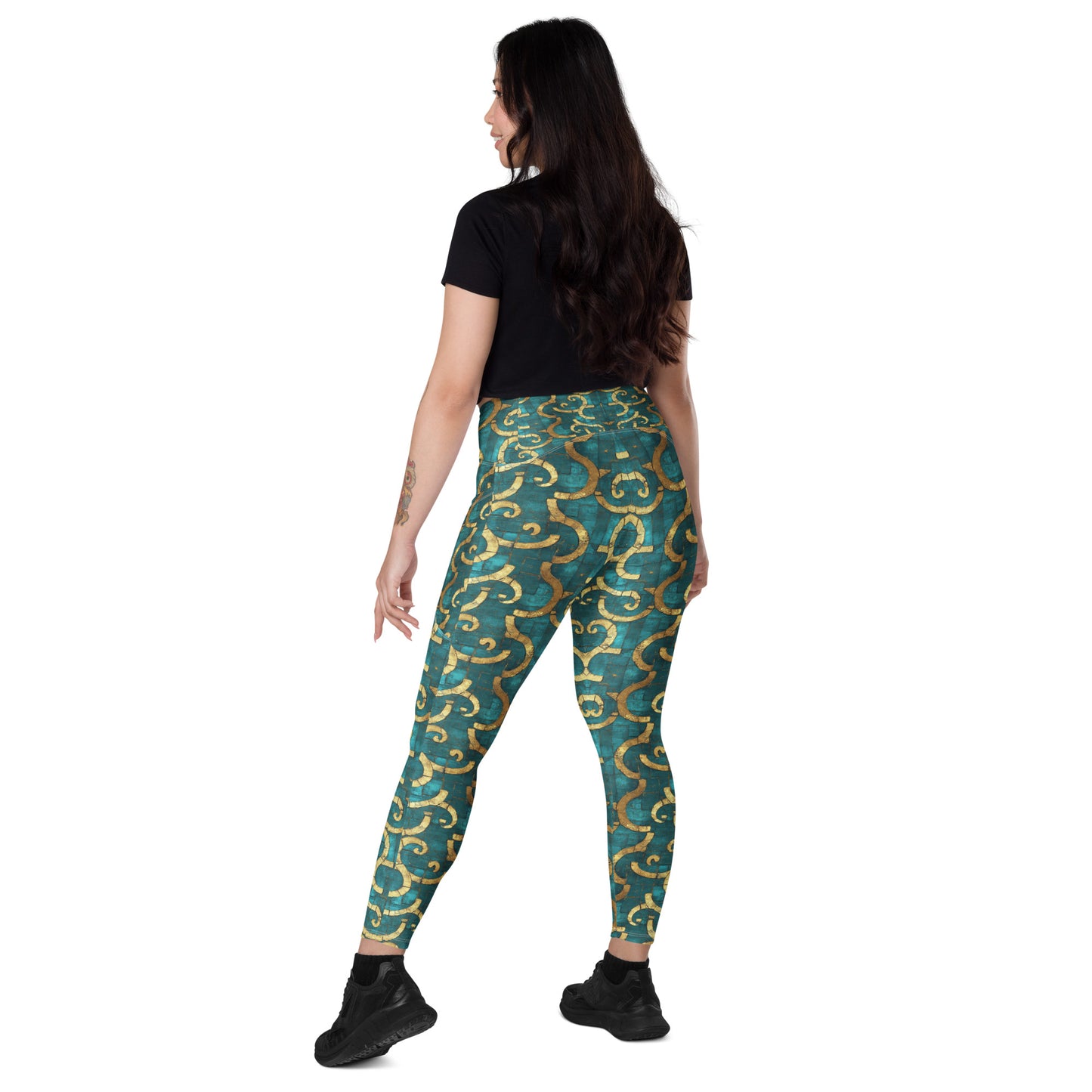 Grecian Turquoise and Gold - Crossover leggings with pockets