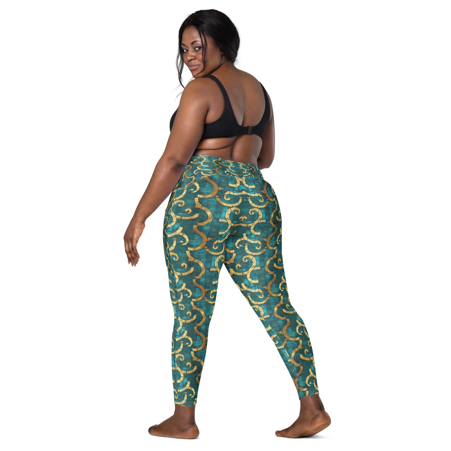 Grecian Turquoise and Gold - Crossover leggings with pockets