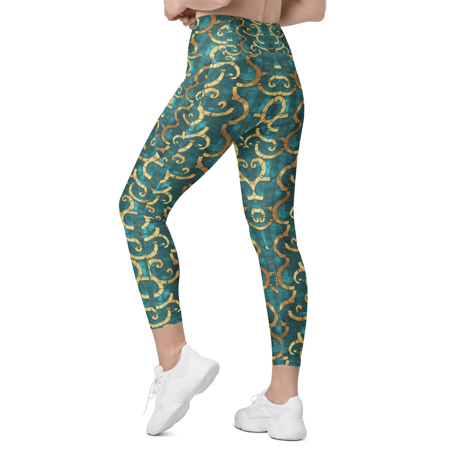 Grecian Turquoise and Gold - Crossover leggings with pockets