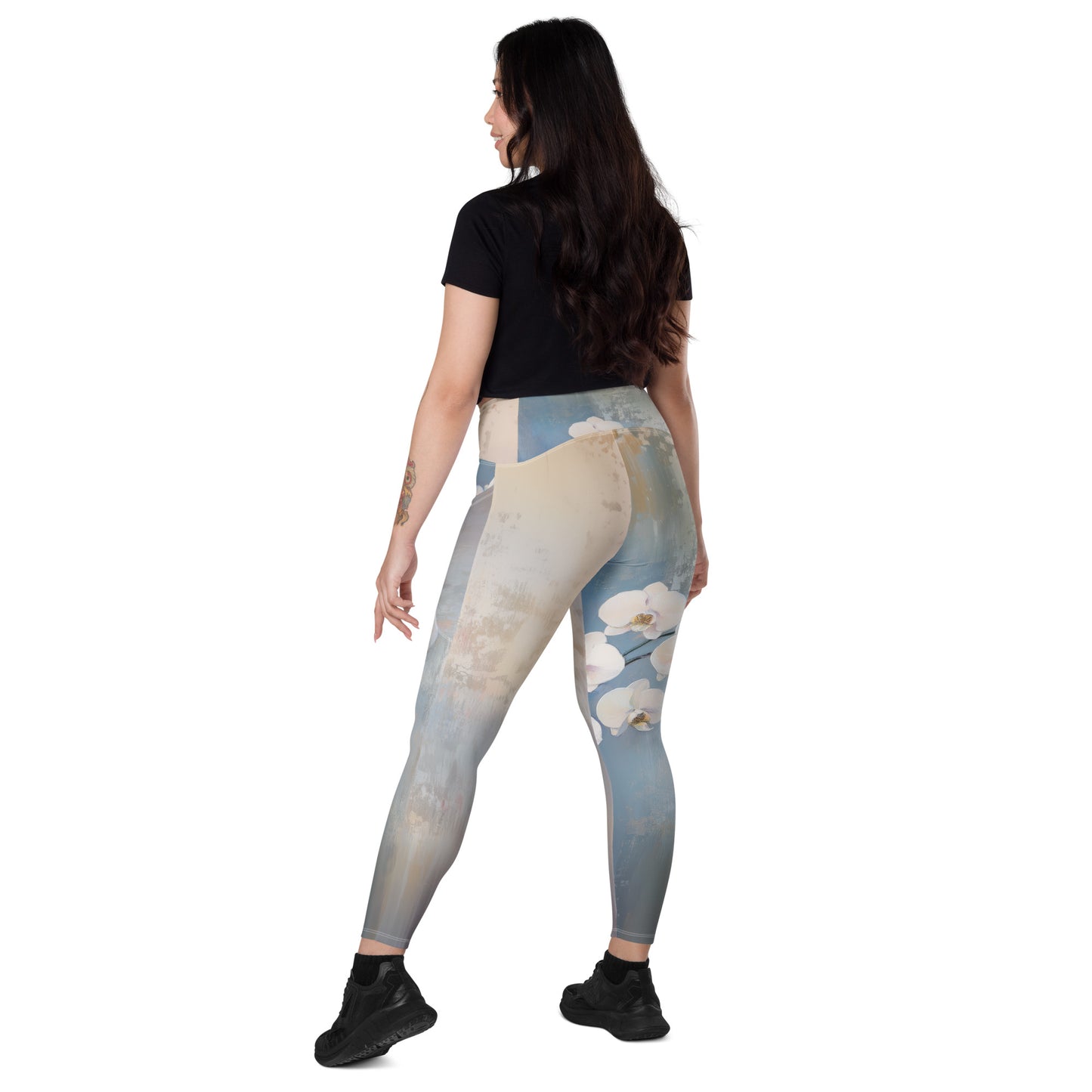 Impressionist White Orchids - Crossover leggings with pockets