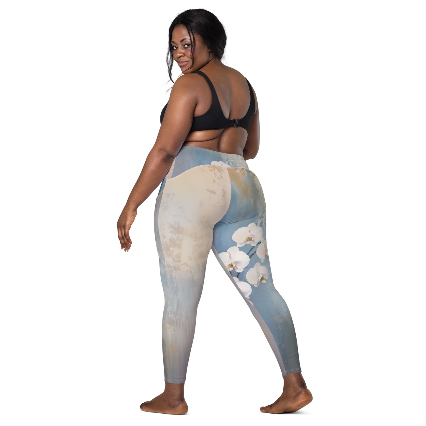 Impressionist White Orchids - Crossover leggings with pockets