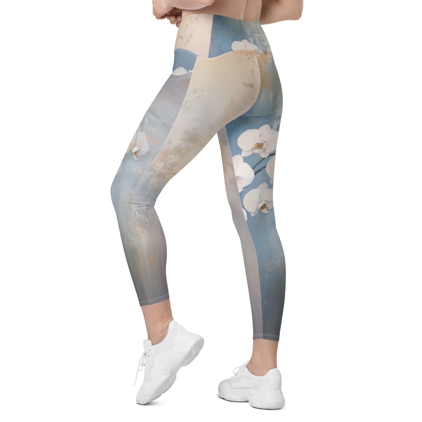 Impressionist White Orchids - Crossover leggings with pockets