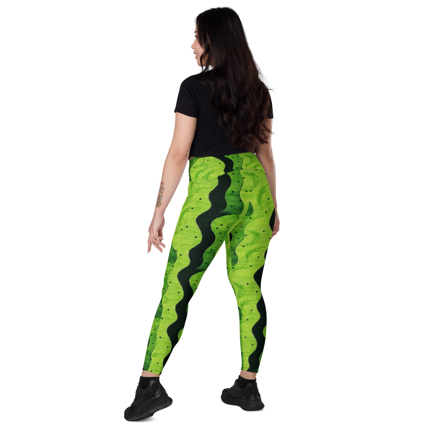 Lime Sashiko - Crossover leggings with pockets