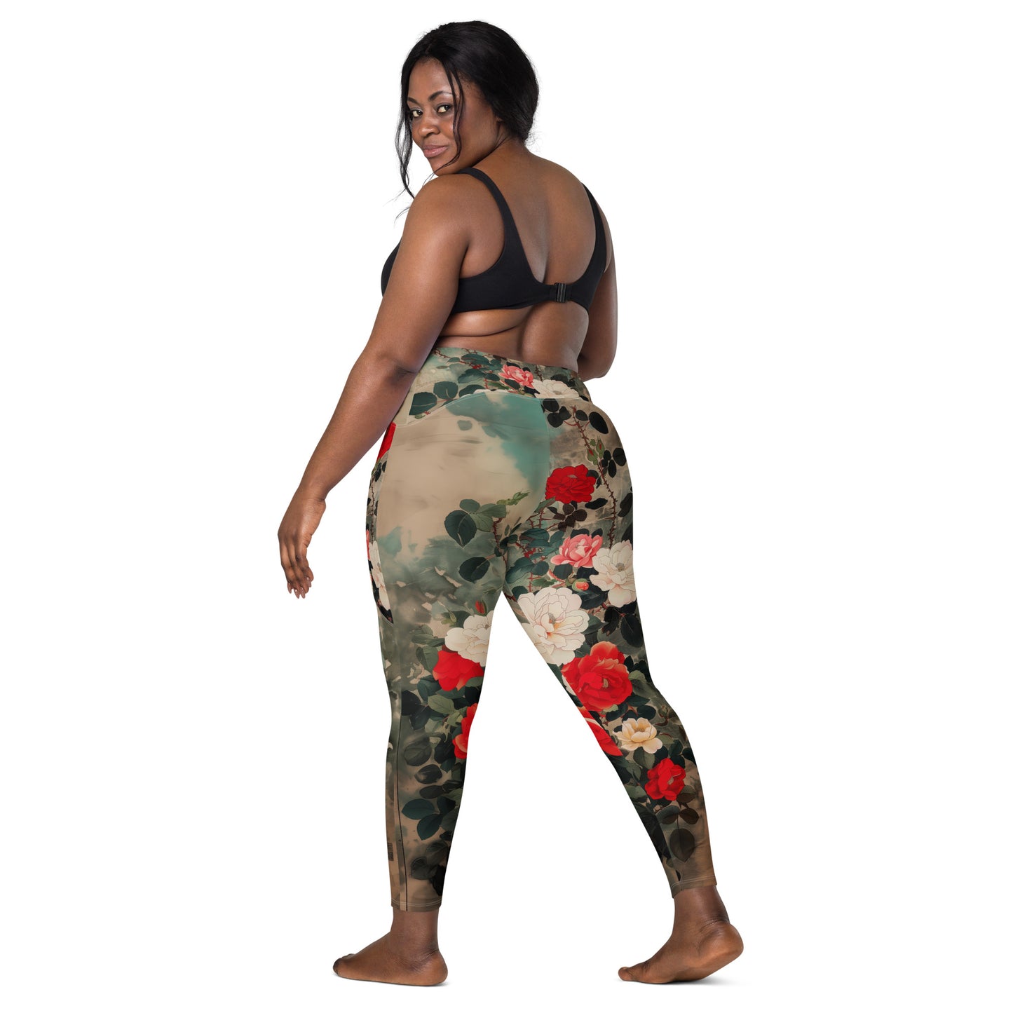 Red and White Roses - Crossover leggings with pockets